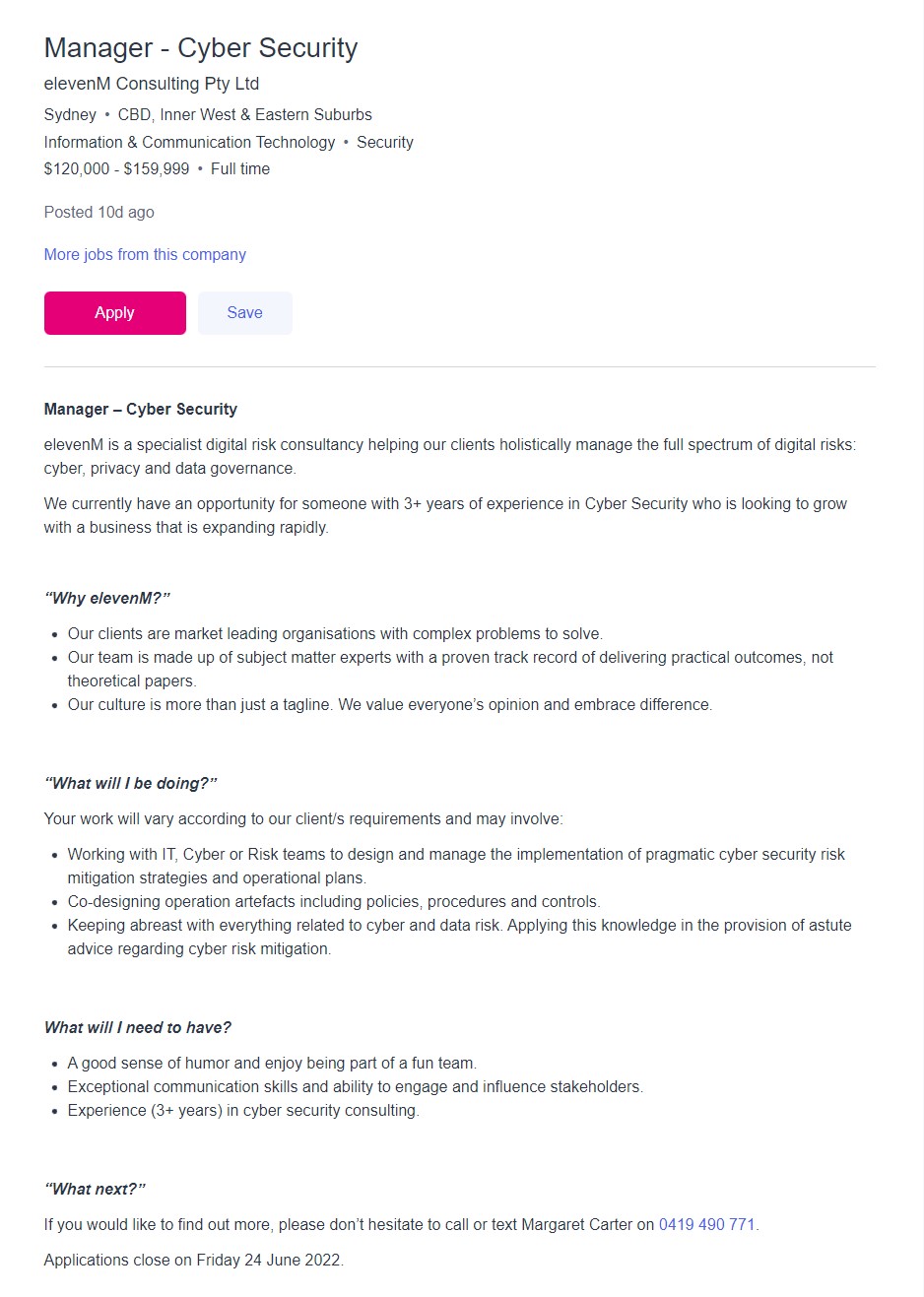 Photo of Cybersecurity job listing from Seek