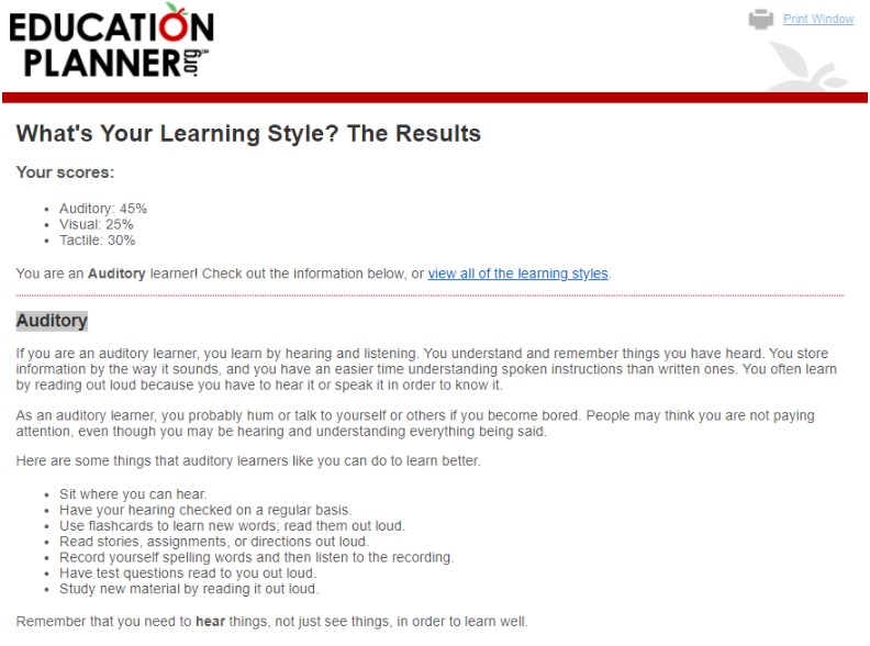 Results of my learning style based on a learning style test by Education Planner